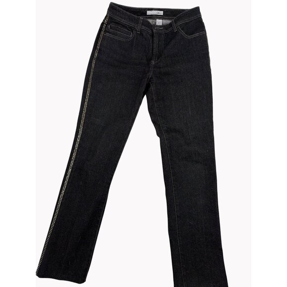 Chicos 0 Platinum Size 4 Black Rhinestone Straight Leg Jeans Womens Cotton - Picture 2 of 7